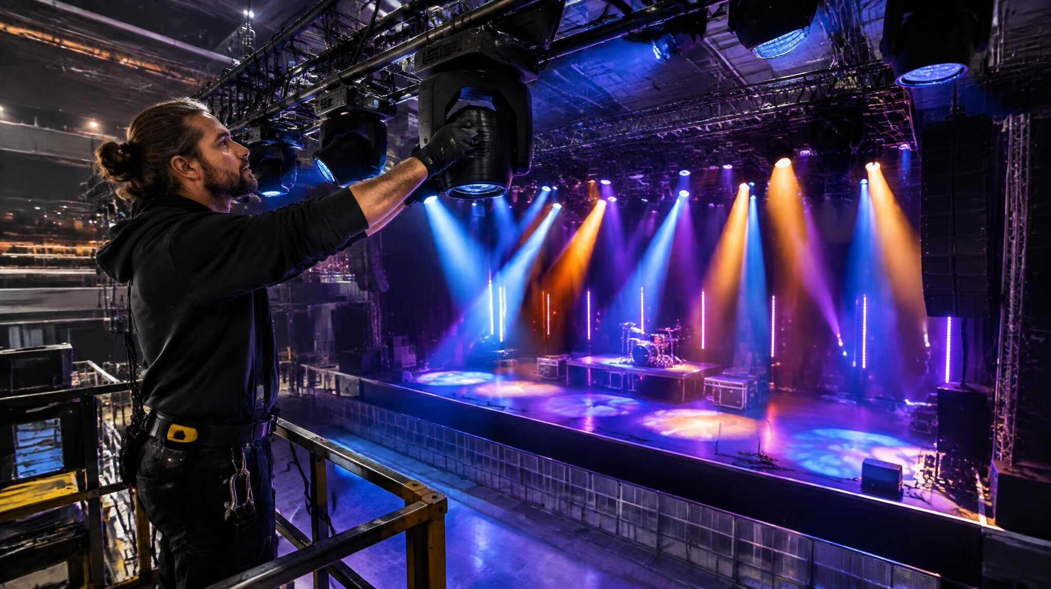 Stage technician adjusting lighting rig before a live entertainment event