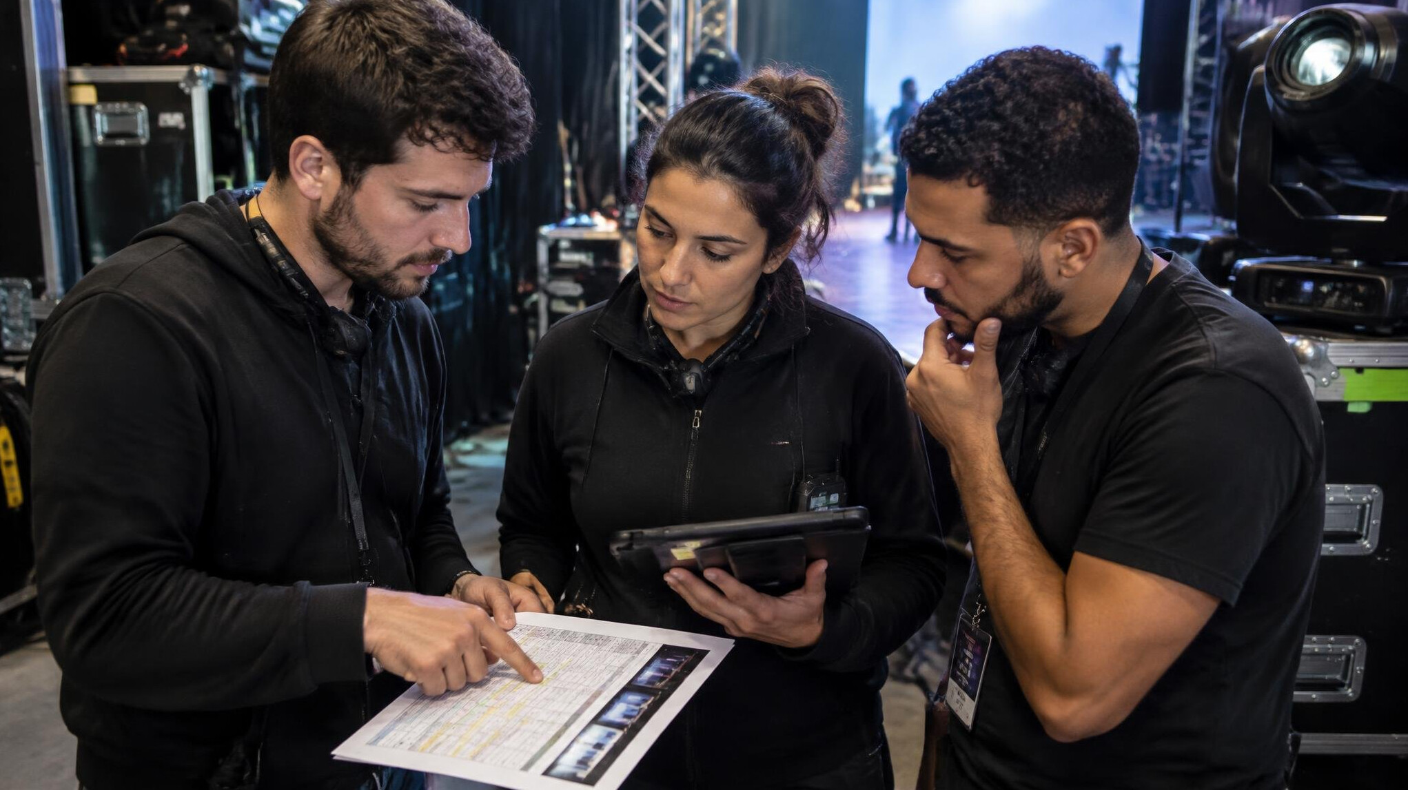 Production team reviewing a lighting and timing plan backstage