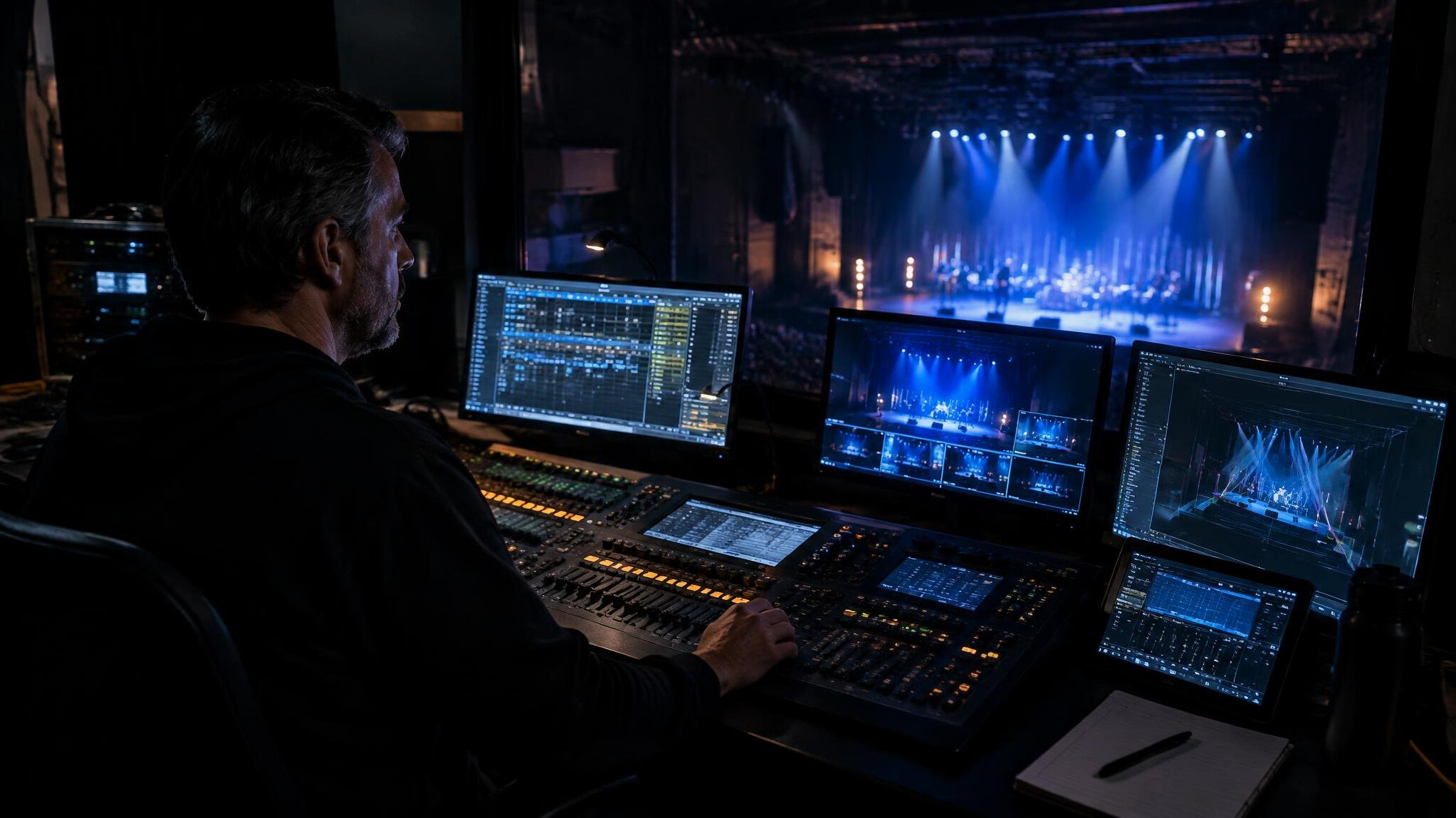 Stage manager checking lighting cues from the control booth