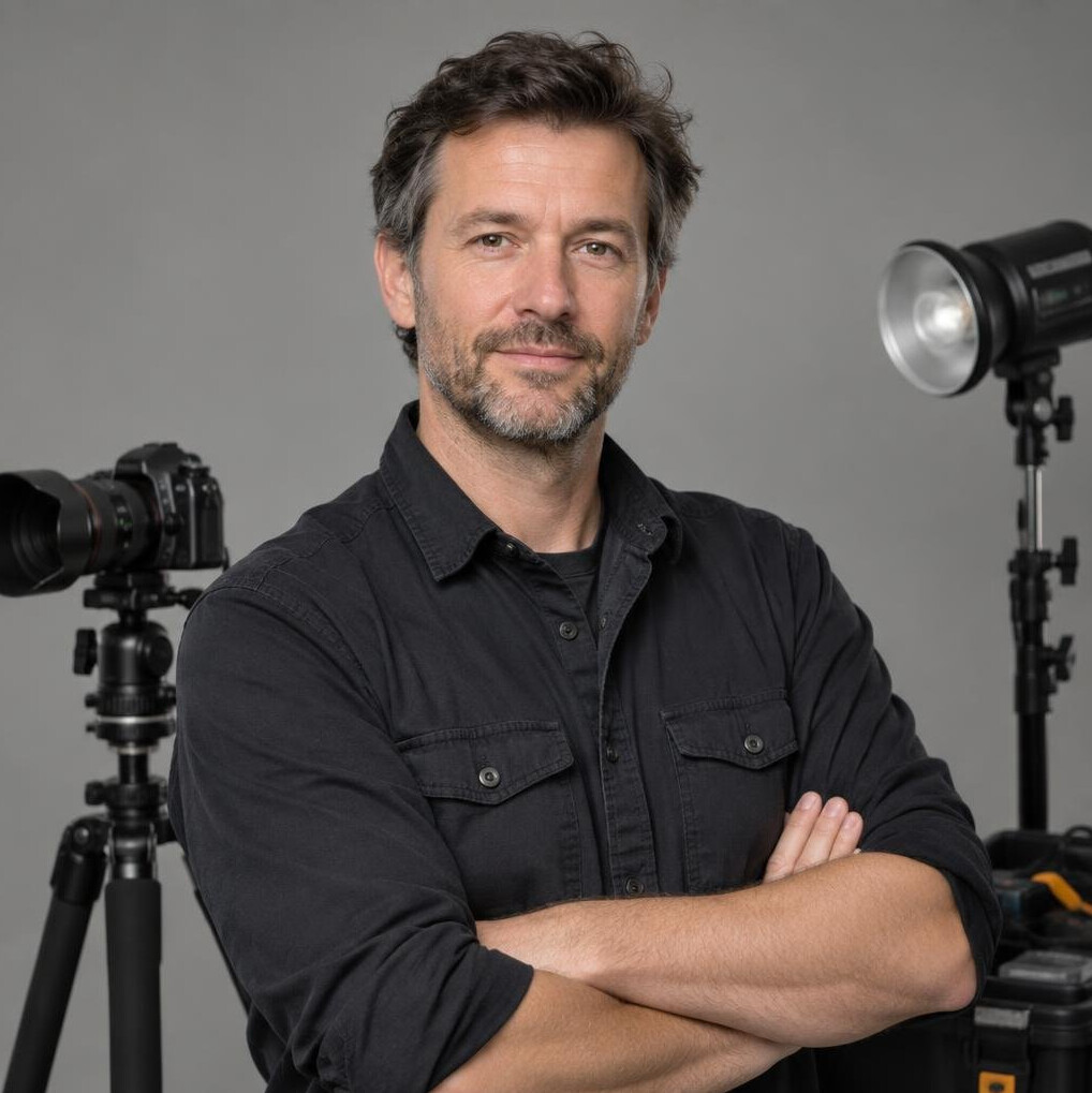 Studio portrait of a man camera and flash technician