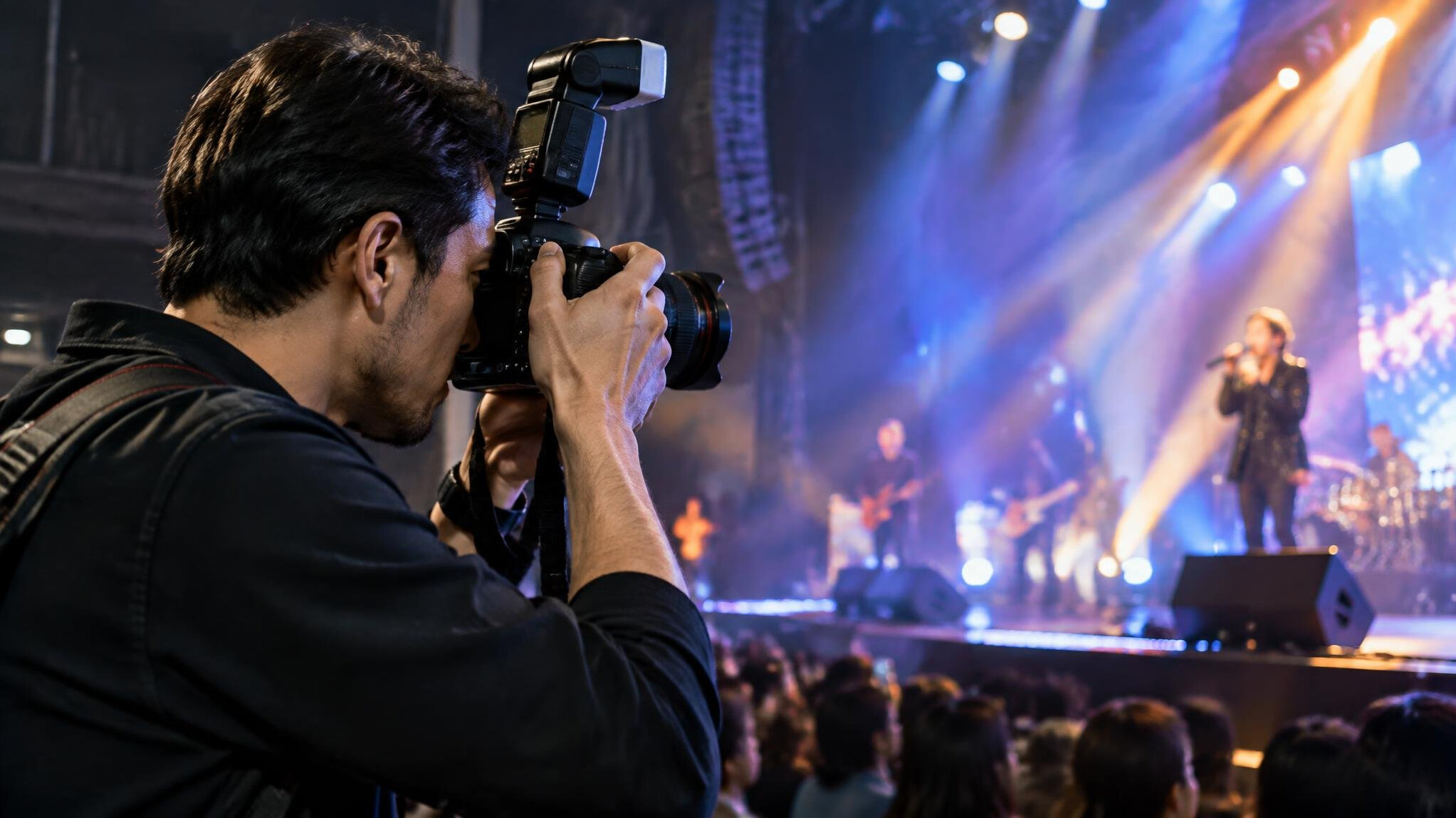 Photographer with camera and flash capturing a live stage performance