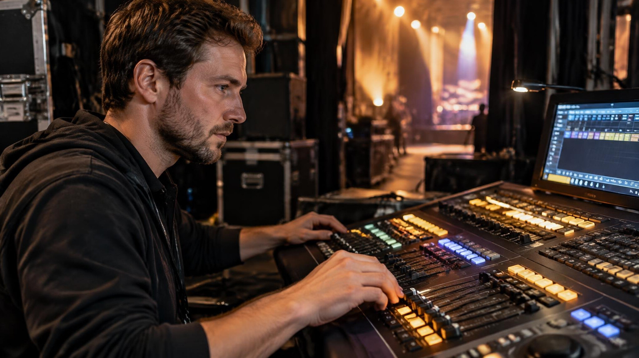 Technician operating a lighting console backstage