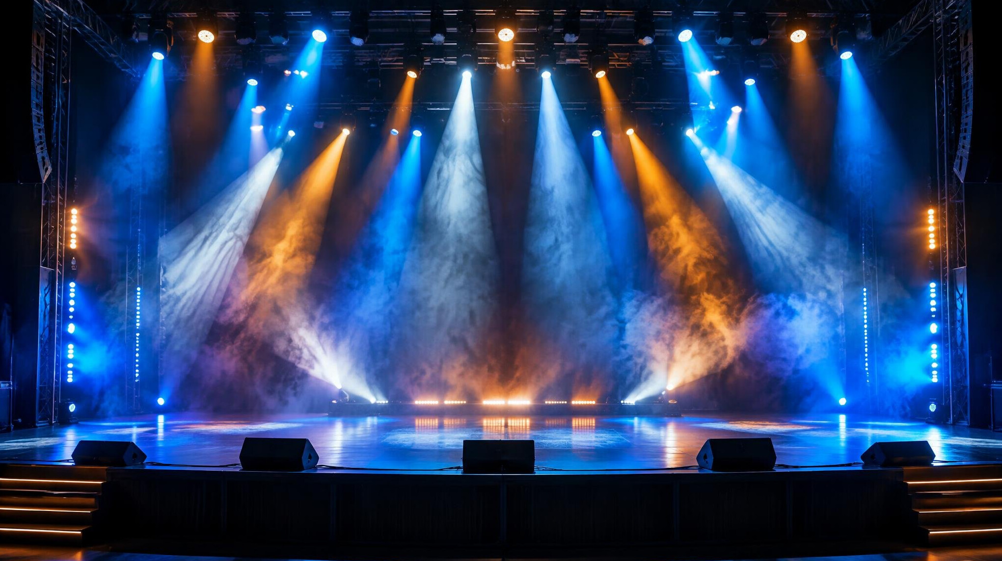 Wide shot of a stage with colorful lighting during a live show
