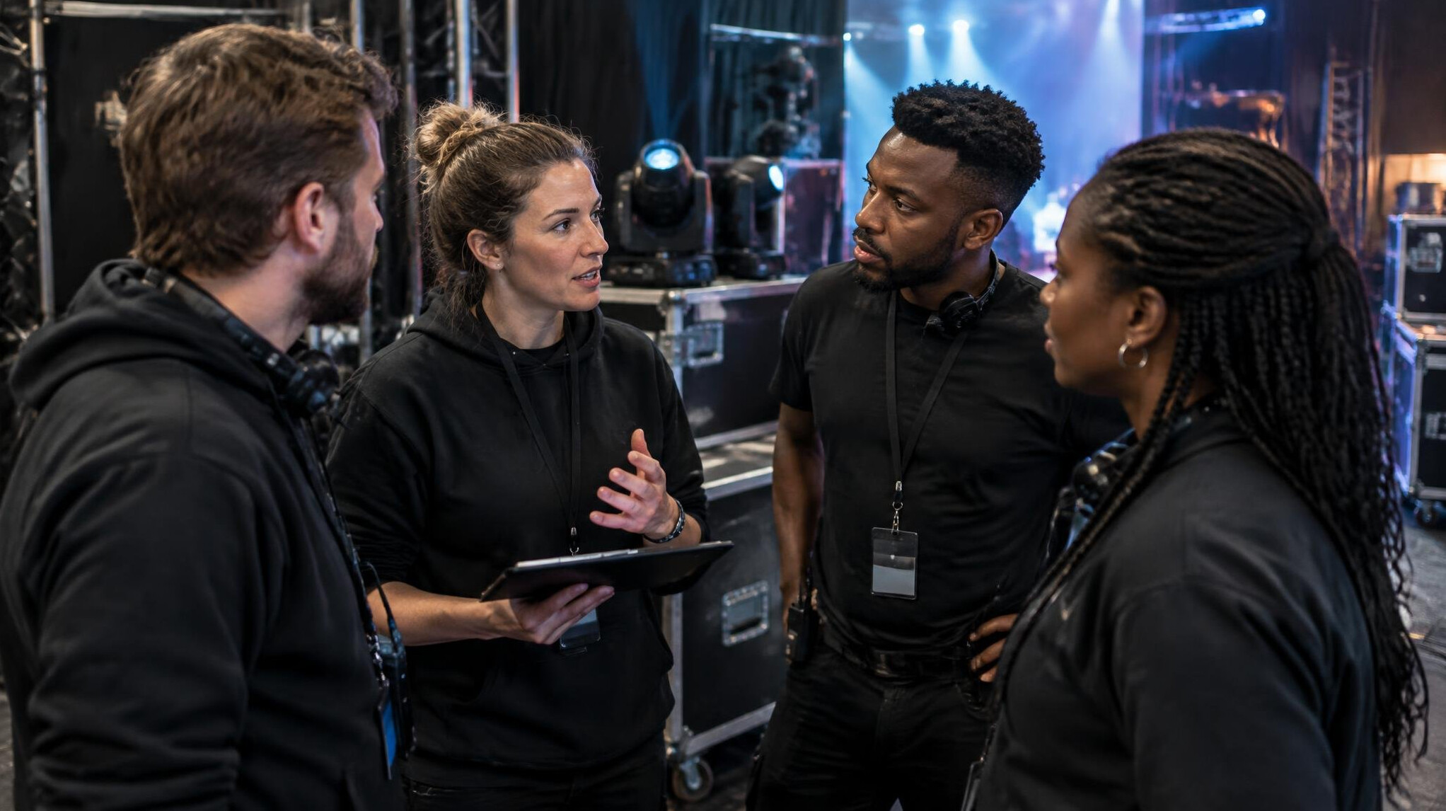 Production team in a briefing before a live show